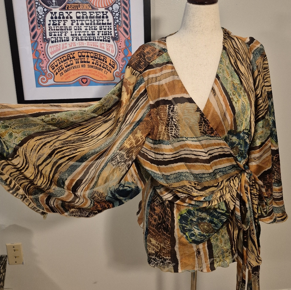 Lane Bryant Green and Brown Blouse Wrap Kimono Fully Adjustable Neutral 18 20 1X